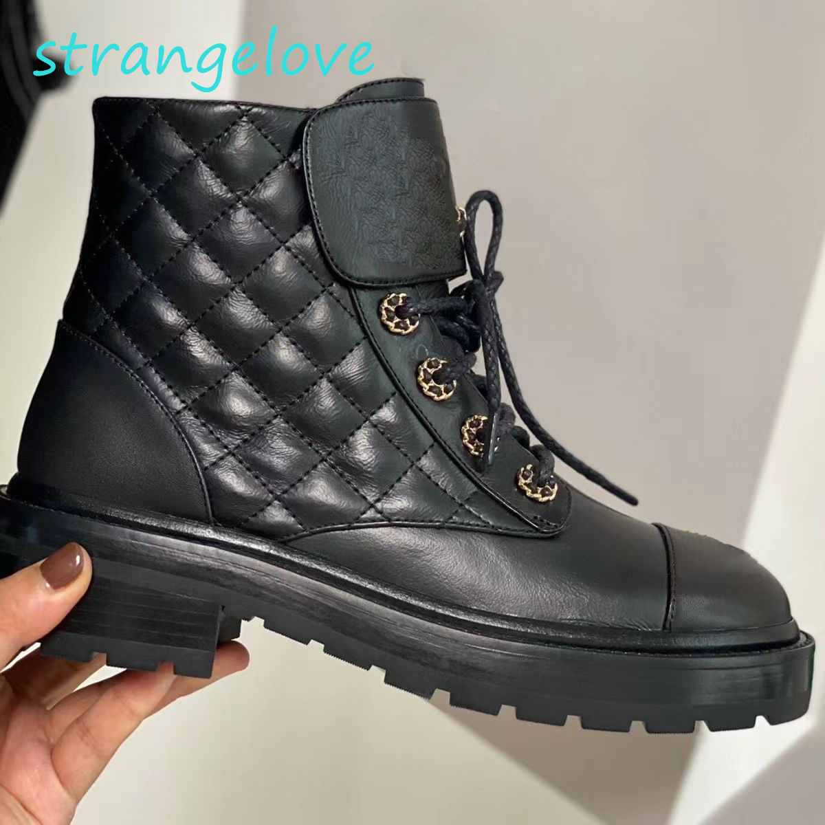 Quilted Combat Boot 100% real leather Quilted Ankle Boots Womens Flat Boots luxury Designer Biker Platform Flats Combat Boots Low Heel Lace Booties