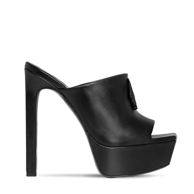 

summer Stiletto Heel Slippers Platform Mules Genuine Leather sandals 15.5CM chunky heel 6CM platform shoes big size 35-42 women sandal Fashion designer Slipper, 12
