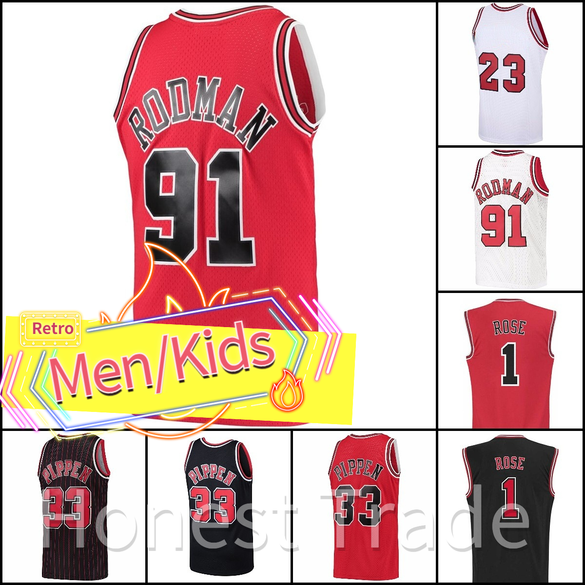 Kids Retro Basketball Michael Jersey 1 Derrick Rose Scottie Dennis Pippen Rodman Red White Black Mens Youth 23 Jerseys stitched Shirts Fan gift