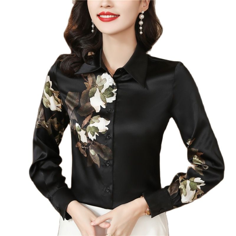 

Luxury Fashion Print Black Silk Shirts Long Sleeve Women's Designer Lapel Blouses Spring Fall Office Lady Runway Button Up Shirt 2023 Going Out Sweet Girl Satin Tops, Customize