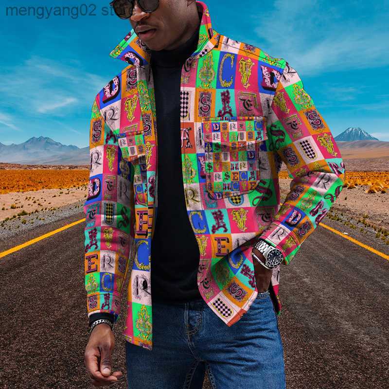 Men's Casual Shirts 2022 Autumn Winter New Fashion Man Clothes Retro Harajuku Printing Men Jacket Lapel Button Pocket Leisure Coat Top Windbrea