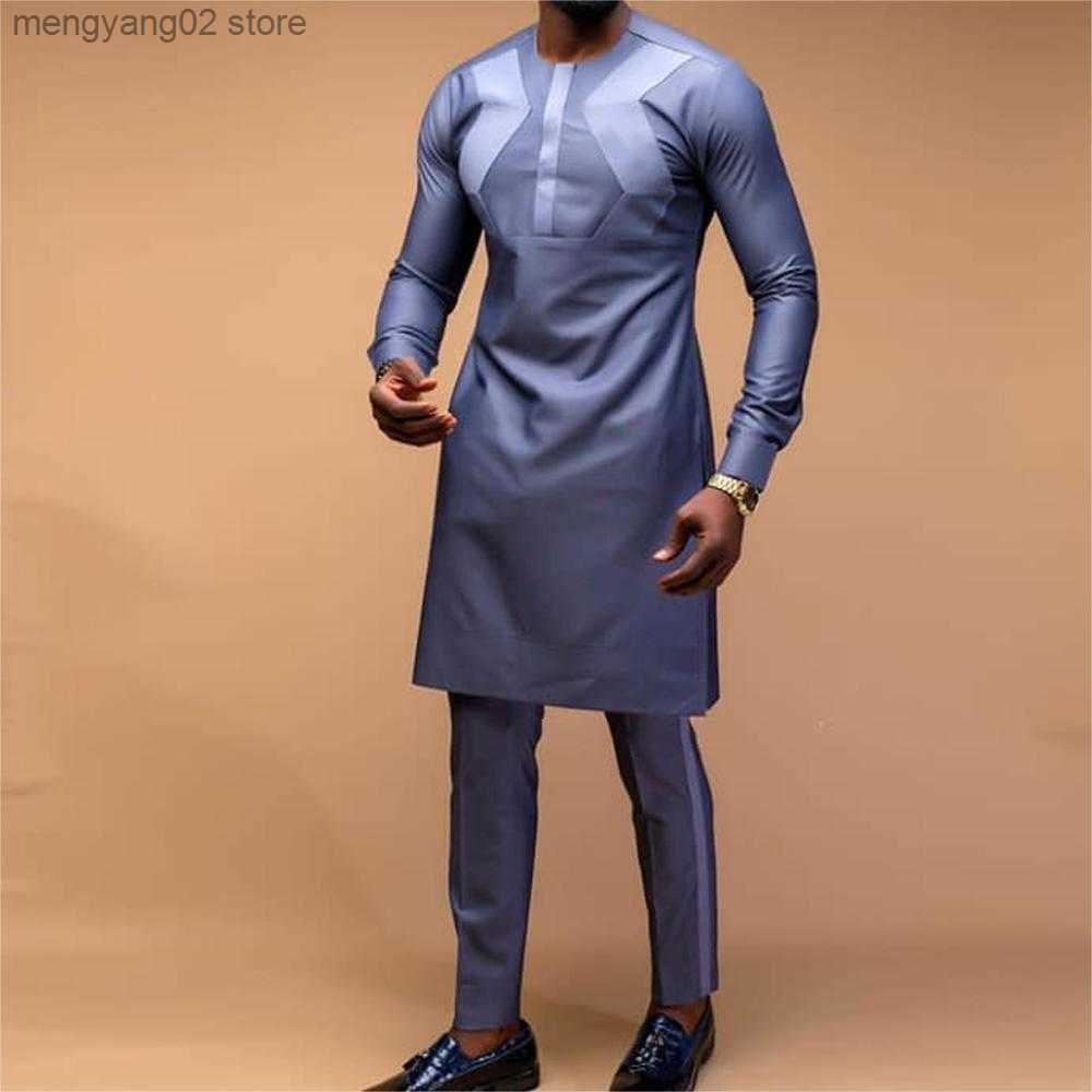 Men's Tracksuits African Men's Suit Solid Color Stitching Shirt and Casual Pants 2 Piece Sets Men Outfit Wedding Business Elements Suits f