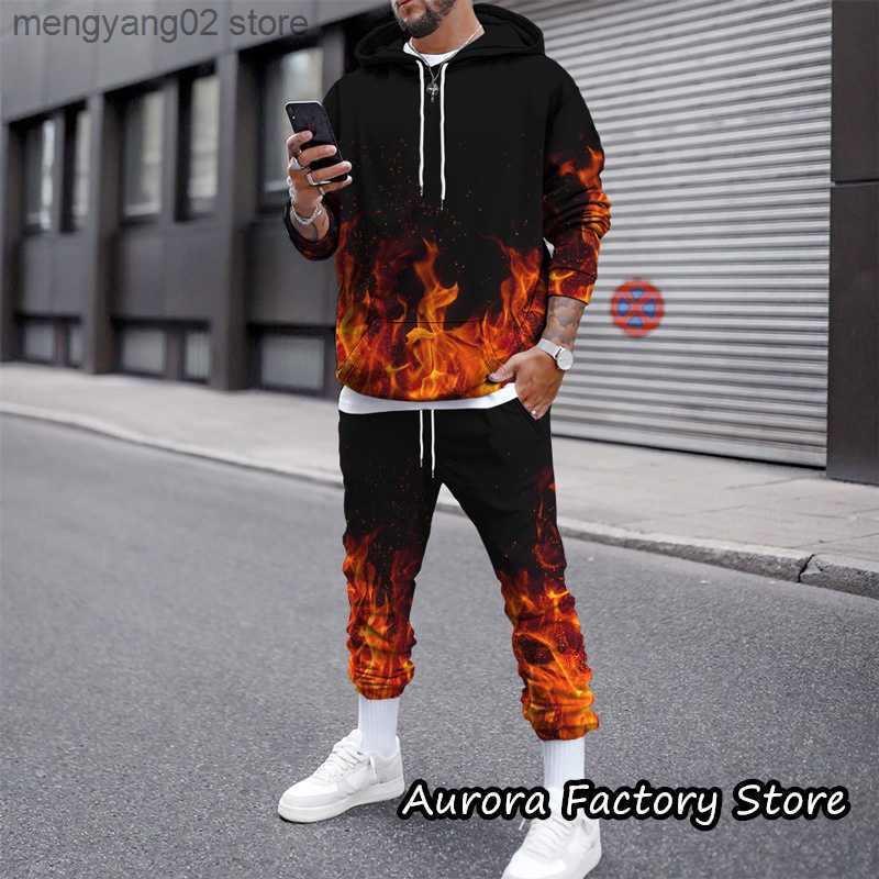 Survêtements pour hommes Coloré Flamme Modèle Sweat À Capuche Ensemble Printemps Automne Hommes À Manches Longues Survêtement Mâle Mode Vêtements