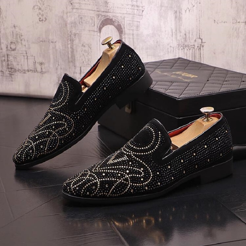 European Luxury Male Punk Web Celebrity Oxfords Rhinestone Men`s Dress Shoes Slip-on Lazy Designer Loafers Moccasins D2H50