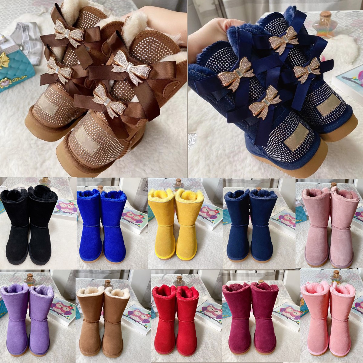 Designer australian Boots women big girls booties snow boot With bows Girls bowknot Shoes classic youth boot-image-843640196