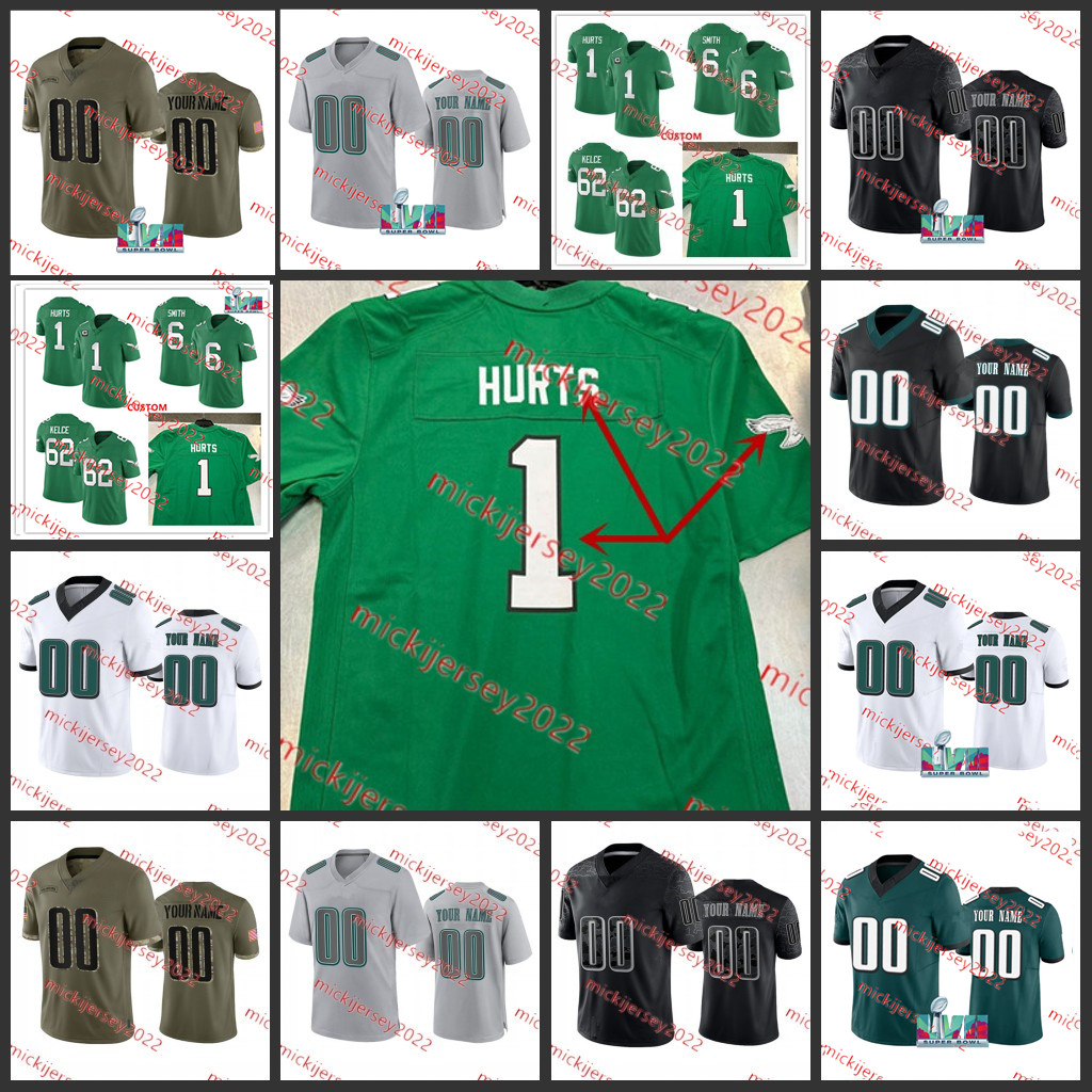 

2023 Kelly Green Retro Jalen Hurts Jason Kelce Jersey Stitched Mens #6 DeVonta Smith #11 A. J. Brown 20 Brian Dawkins Jerseys S-3XL, Black reflective +sb patch