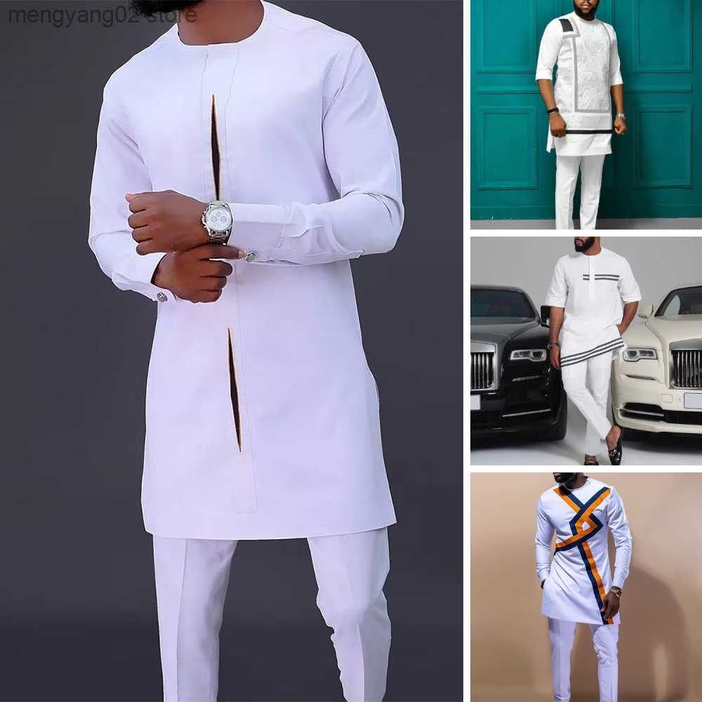 Men's Tracksuits Men Dashiki Long Sleeve Shirt White Trouser Set Mens 2 Pieces Outfit Suit Traditional Male Clothes T-shirt Pant Suits For M-image-885451386