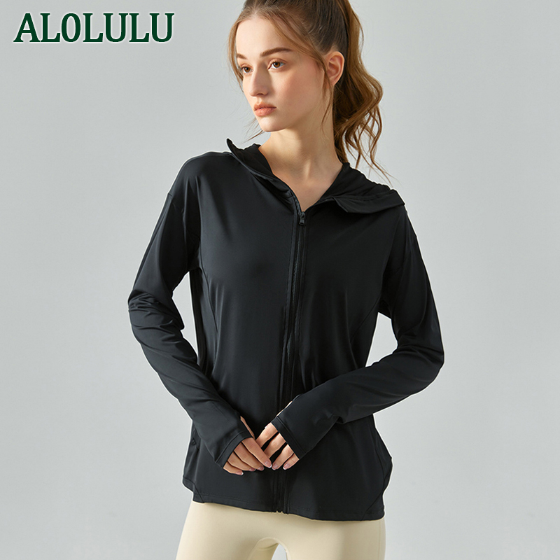 

AL0LULU Yoga Sunscreen zipper hoodie women's loose casual sports smock anti-UV fitness coat, Spring green