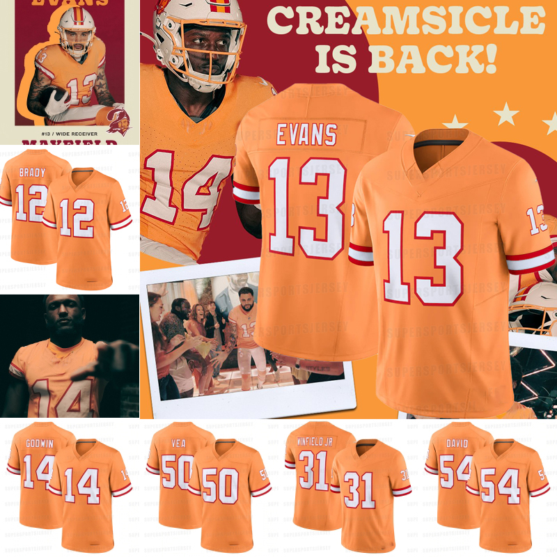 

2023 creamsicle "Buccaneers" Football Jerseys Baker Mayfield Football Jerseys Kyle Trask John Wolford Derrick Brooks Rachaad White Evans Tom Brady Devin White, Red