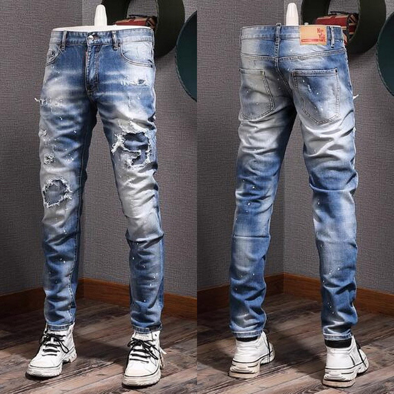 

Men Blue Painted Destroyed Jeans Slim Biker Fit Denim Pants Cool Guy, 8414