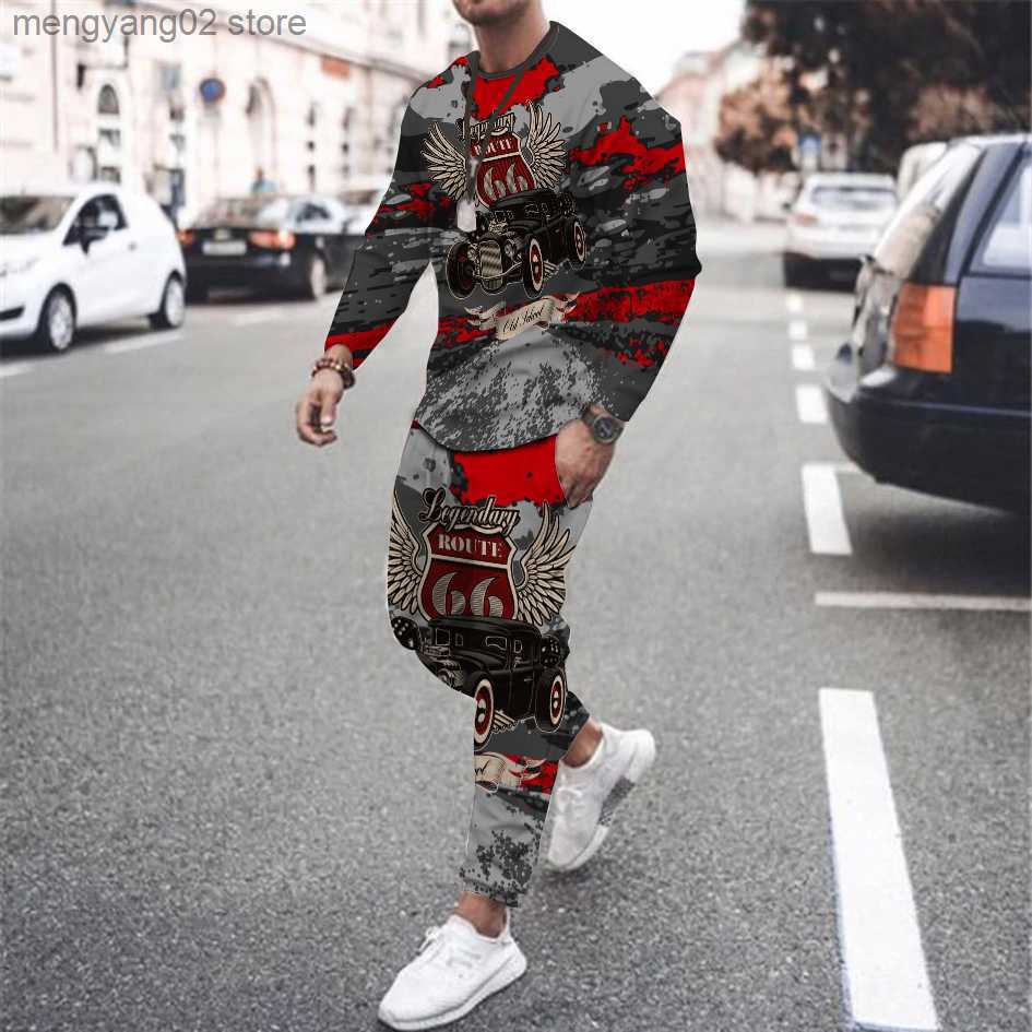 Men's Tracksuits Men's Tracksuit Vintage T-shirt Long Pants 66 Route Racing 2 Piece Set Fashion Trend Jogging SweatshirtCasual Sportswe