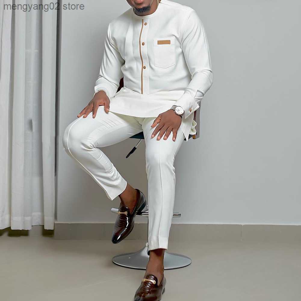 Men's Tracksuits Kaftan Summer Men's Suit Round Neck Long-sleeved Top Pants African Male Traditional Outfit National Style 2PCS Clothin