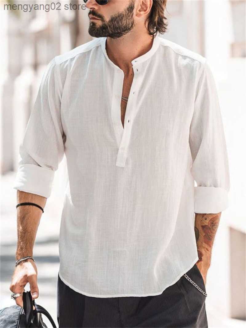 Men's Casual Shirts Minimalist Style Bamboo Cotton Linen Shirt Men's Button Splicing Stand Neck Pullover Tops Youth Male Casual Thin Se