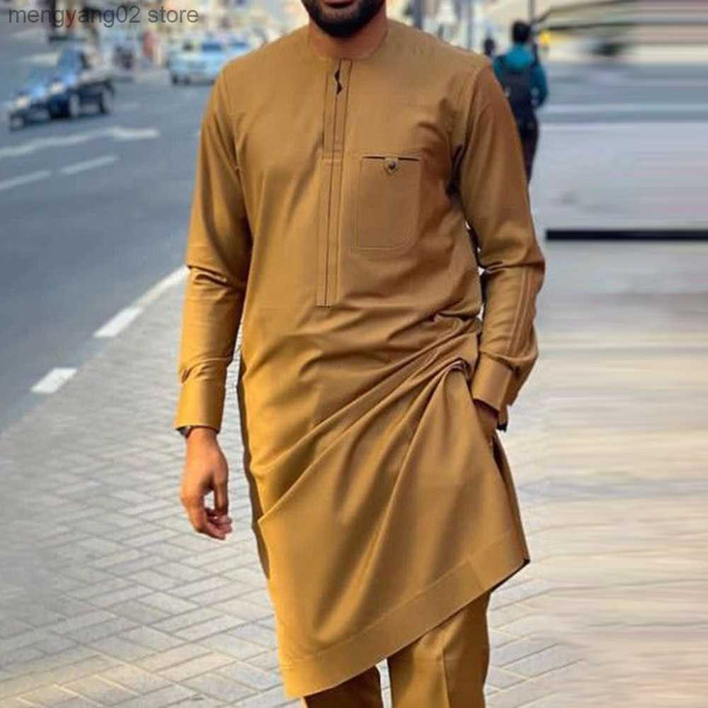 Men's Tracksuits Summer New Men's Sets African Clothing Long Sleeve Solid Color Pocket Casual Shirt and Fashion Pants 2-piece Set Suits fo