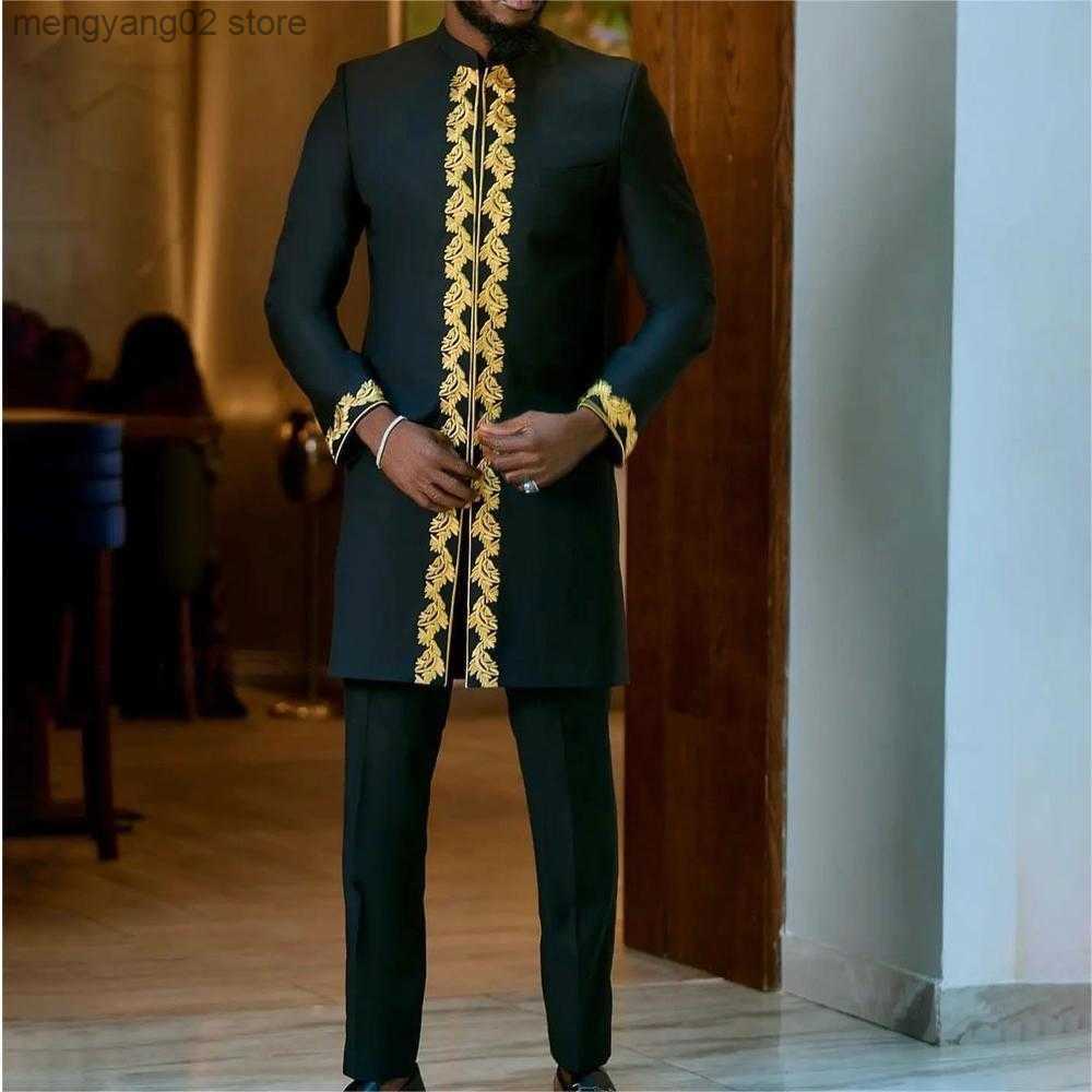 Men's Tracksuits 2023 New Men's Suit Top Trousers 2-piece Set Solid Color Round Neck Embroidery Long Sleeve Suit Wedding African Ethnic St