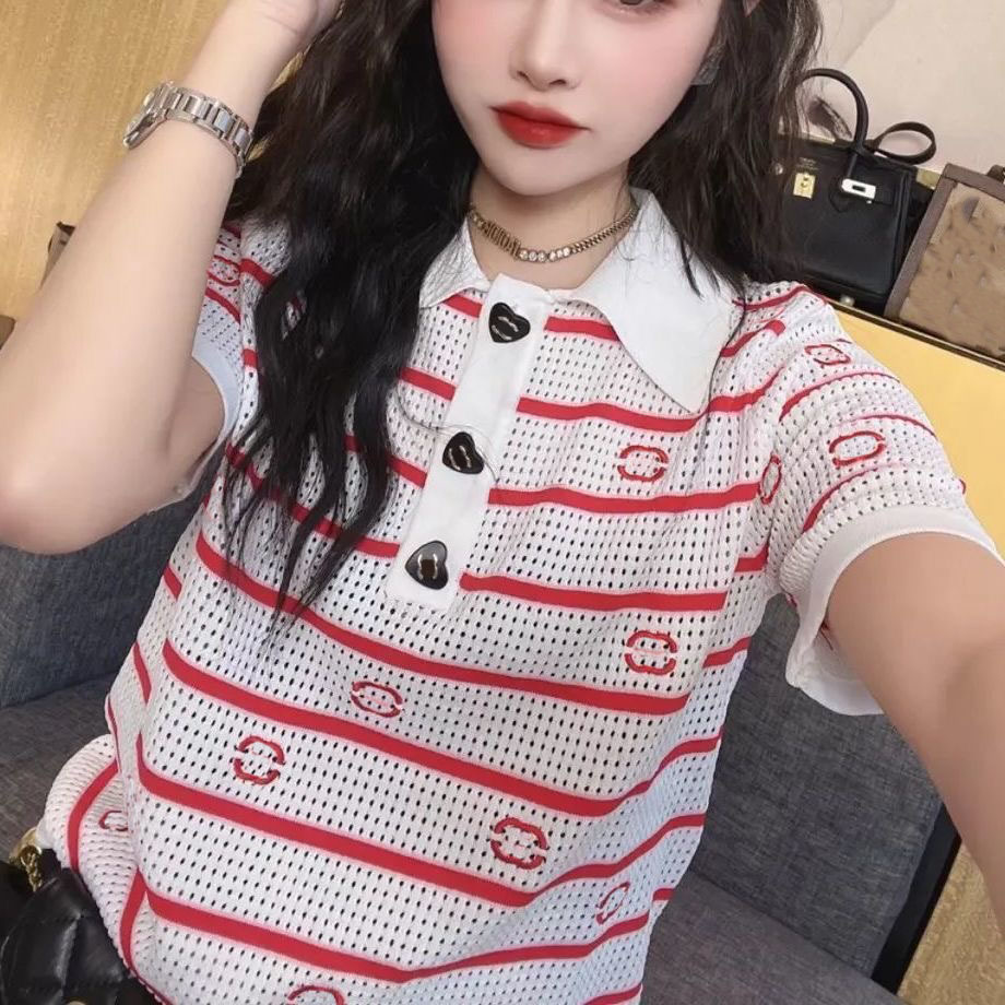 

2023 New fashion designer high-end women POLO shirt in 3 colors Womens brand T shirt lapel heart button Breathable mesh translucent, White