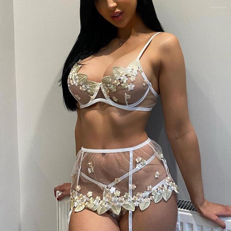 

Bras Sets Women Underwear Set Floral Embroidery Underwire Bra And Thong Dress Erotic Lingerie Sexy Garters Sensual, White