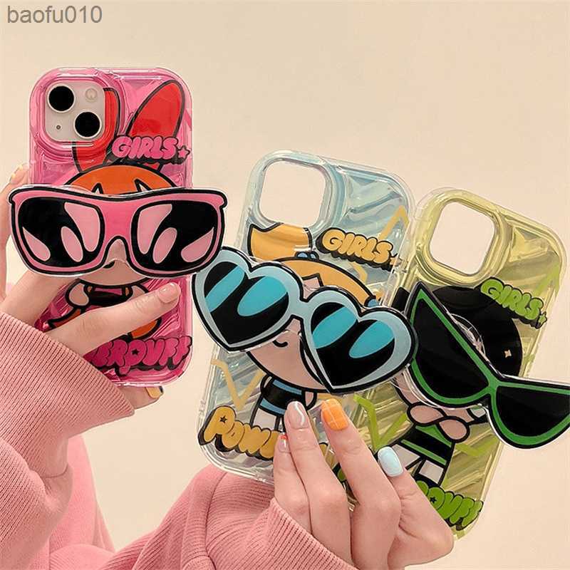 

Lovely Powerpuff Girls Sunglasses Bracket Phone Case For iPhone 14 13 12 11 Pro Max X XR XS 6 6S 7 8 Plus SE 2020 Silicone Cover L230619, Pink