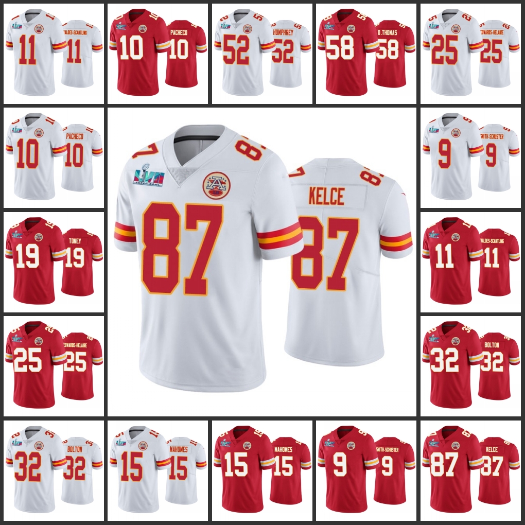 

Kansas''City''Chiefs''Men #15 Patrick Mahomes 87 Travis Kelce 10 Isaih Pacheco Women Youth Super Bowl LVII Red Limited Jersey