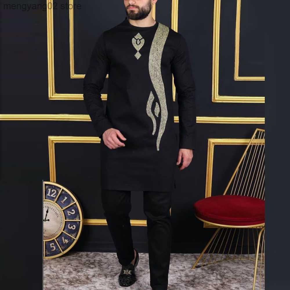 Men's Tracksuits 2023 Summer Men's Suit Shirt and Pants Two-piece Short-sleeved Suit Round Neck Splicing Solid Color Social African Eth-image-885425094