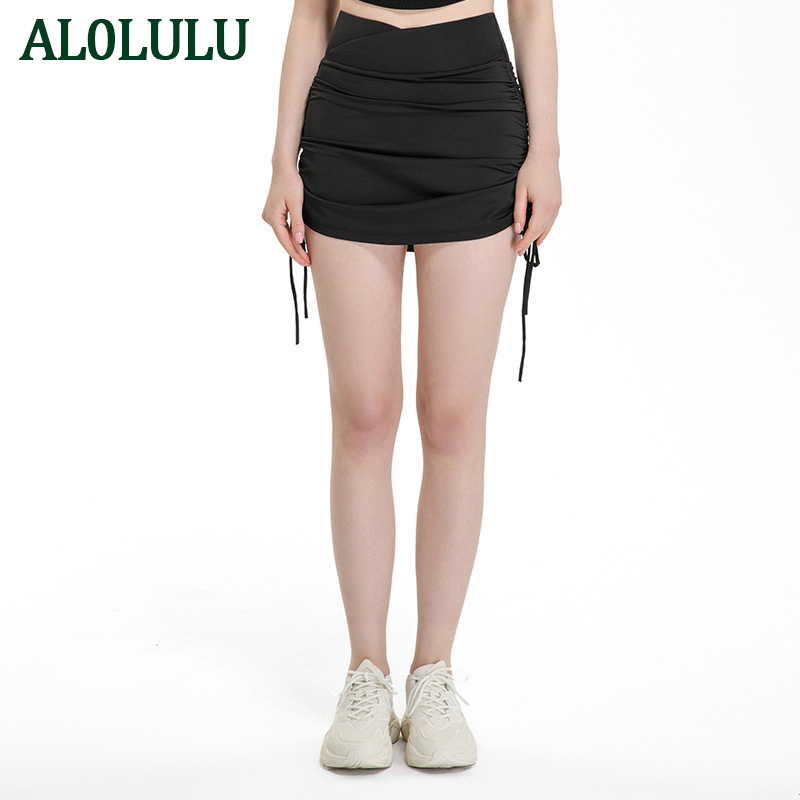 

AL0LULU High waist yoga pants draw rope strap half skirt women slim skirt pants, Black