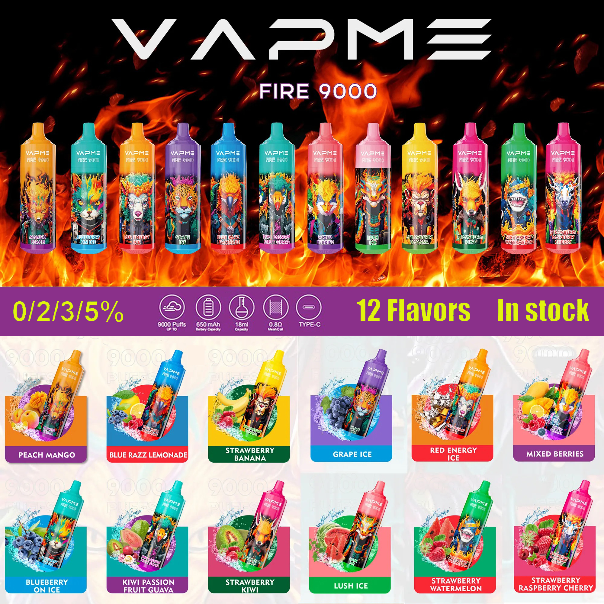 

Original VAPME FIRE 9000 Puffs Disposable Vape Mesh Coil E Cigarettes 18ml Pod Type-C Port Rechargeable Battery 12 Flavors VS Tornado 9K 0% 2% 3% 5% Vaporizer