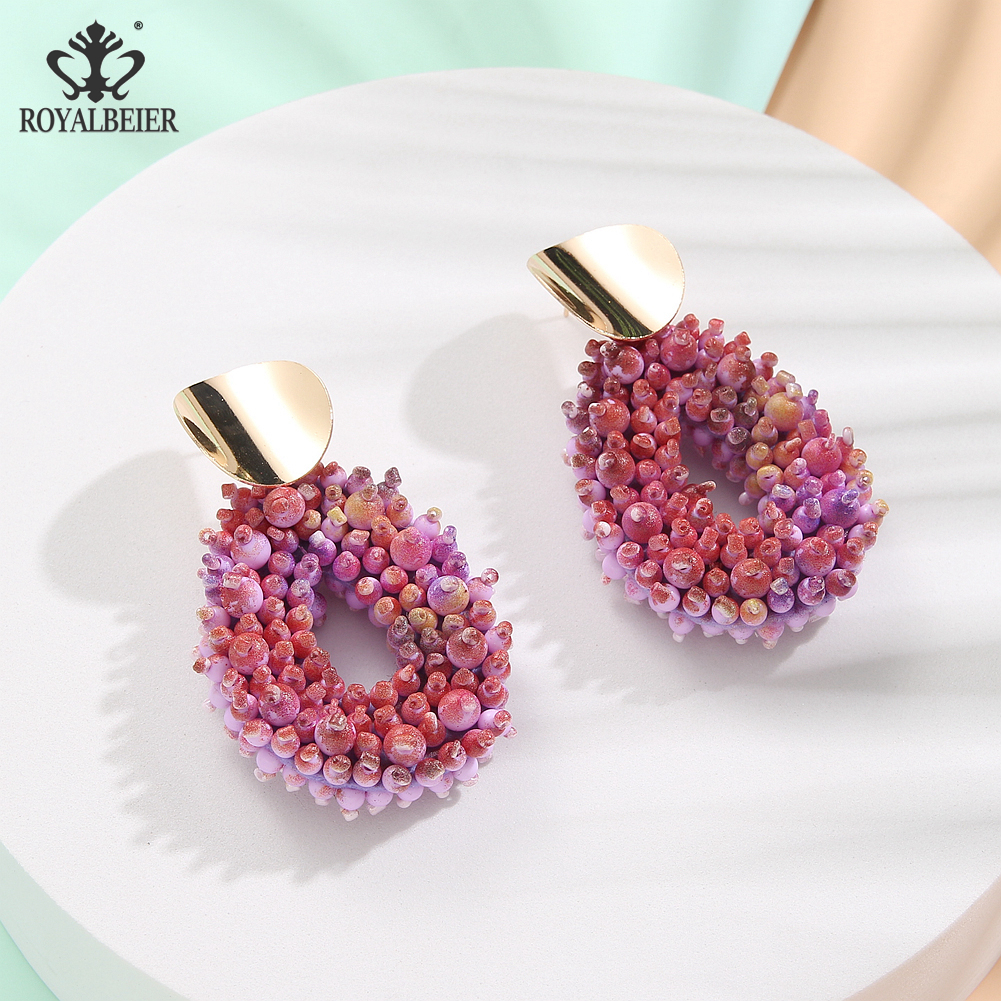 Stud Royalbeier Retro Purple Color Simple Pendant Earrings For Women Vintage Hanging Round Handmade Bead Earring Big Ear Jewelry 230714