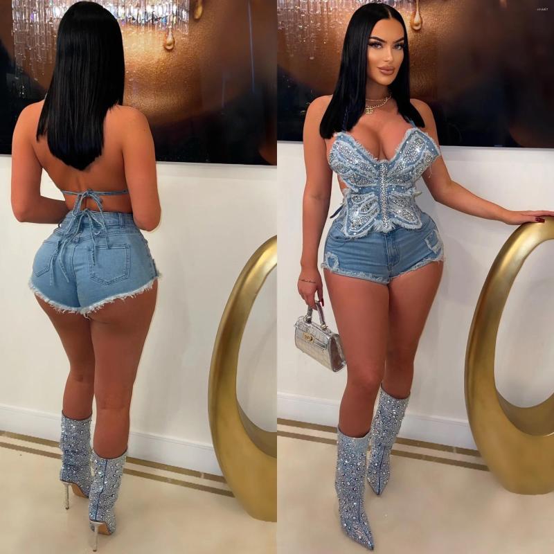 

Women's Tracksuits Echoine Denim Diamond Butterfly Halter Irregular Set Sexy Backless Crop Top And Shorts Two Piece Y2K Party Streetwear, Sky blue