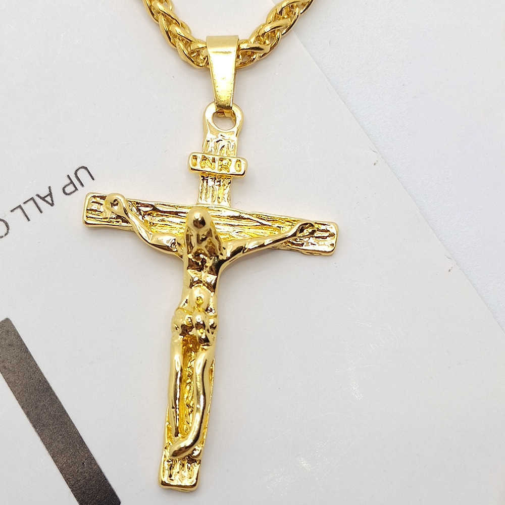 

Real 10k Yellow Solid Fine Gold GF Jesus Cross Crucifix Charm Big Pendant 31x47mm 60 Flower basket chain keel chain-60cm Necklace HKD230714