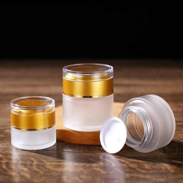 Frosted Glass Jar Cream Bottles Round Cosmetic Jars Hand Face Cream Bottle 20g-30g-50g Jars with Gold/Silver/White Acrylic Cap PP liner