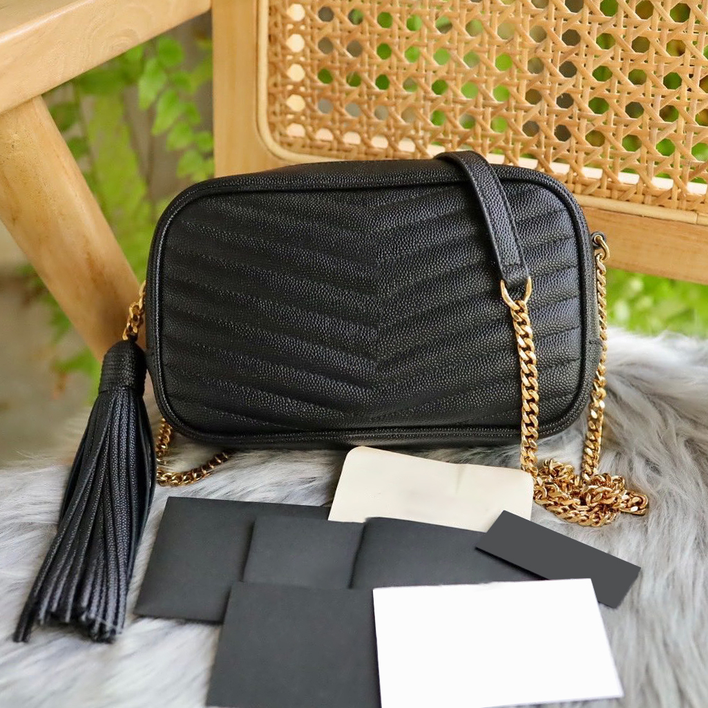 

Vintage Women's mens tassel camera Bags Luxury caviar tote satchel Shoulder Clutch metal sign letters chain Designer Genuine leather handbag lady crossbody Mini Bag, Red black