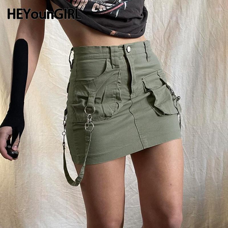 

Skirts HEYounGIRL Ribbon Pockets Jeans Skirt Vintage Green Women Y2K High Street Bodycon Denim Short Harajuku Stylish Outfits