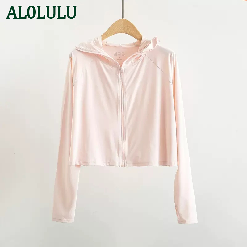 

AL0LULU yoga clothing jacket women's sunscreen quick-drying zipper thin running fitness hooded long-sleeved sports top, Open air blue