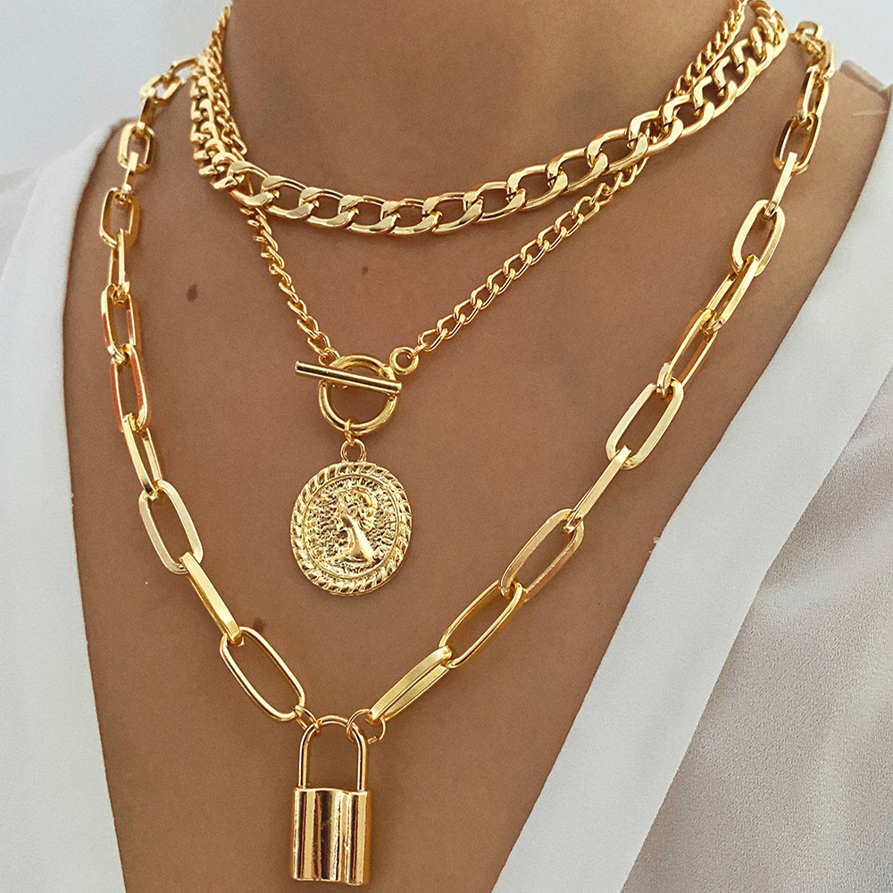 Colliers pendants en charme mode multicouche or couleur épaisse chaîne de serrure collier bijoux vintage monnaie counche pour femmes 230714