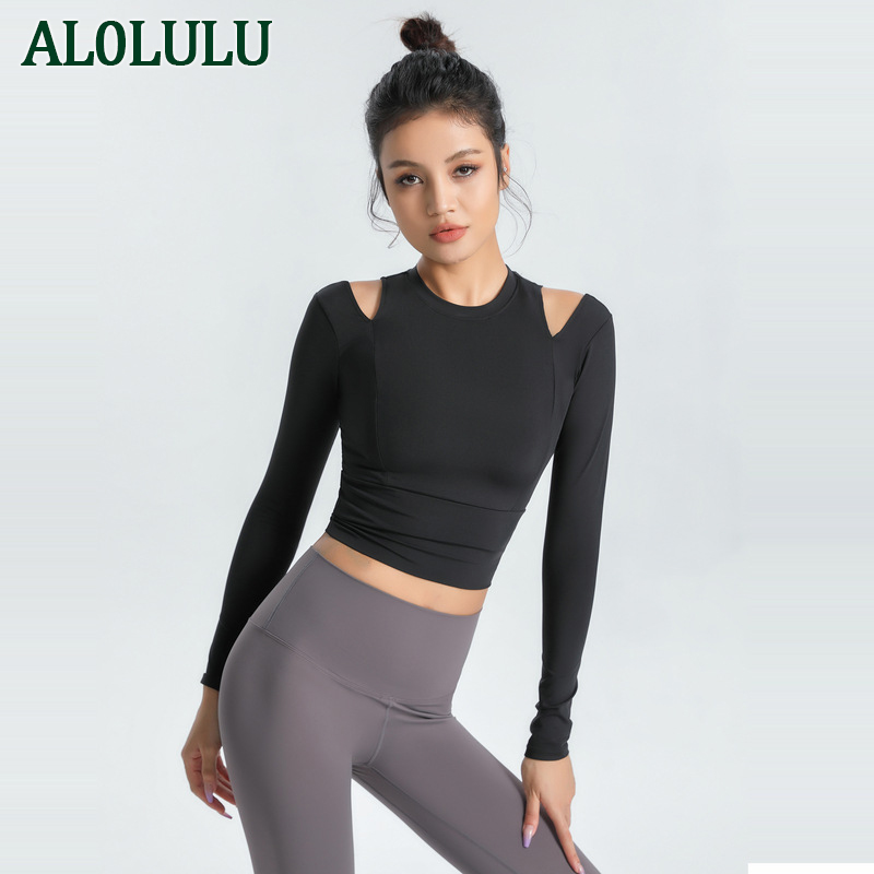 

AL0LULU Yoga T-shirt Navel-exposing sports long-sleeved Yoga Outfits women's elasticity and thin tights tops Quick-drying T-shirts running fitness clothes, Green