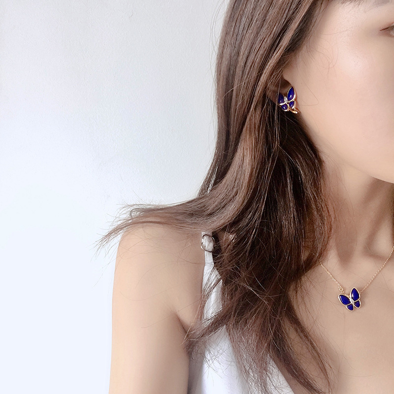 Fashion Jewelry Necklace Lucky Lapis Lazuli Between Diamond Windmill Double Butterfly Necklace for Women-image-885539918