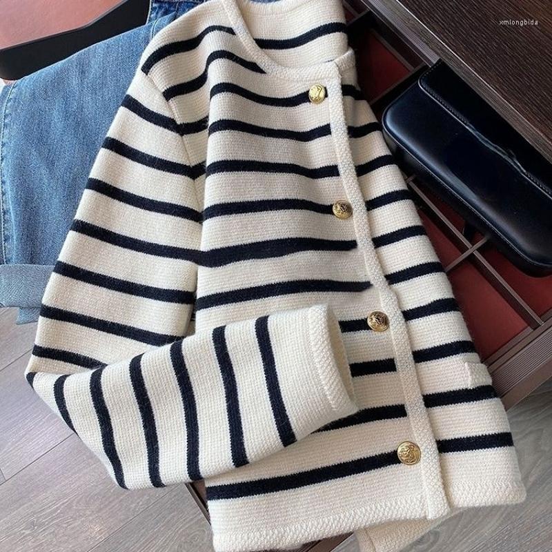 

Women' Knits Retro Spring Black White Striped Knitted Cardigan Women Sueter Long Sleeve Sweater Mujer Red Cropped Coat Casual