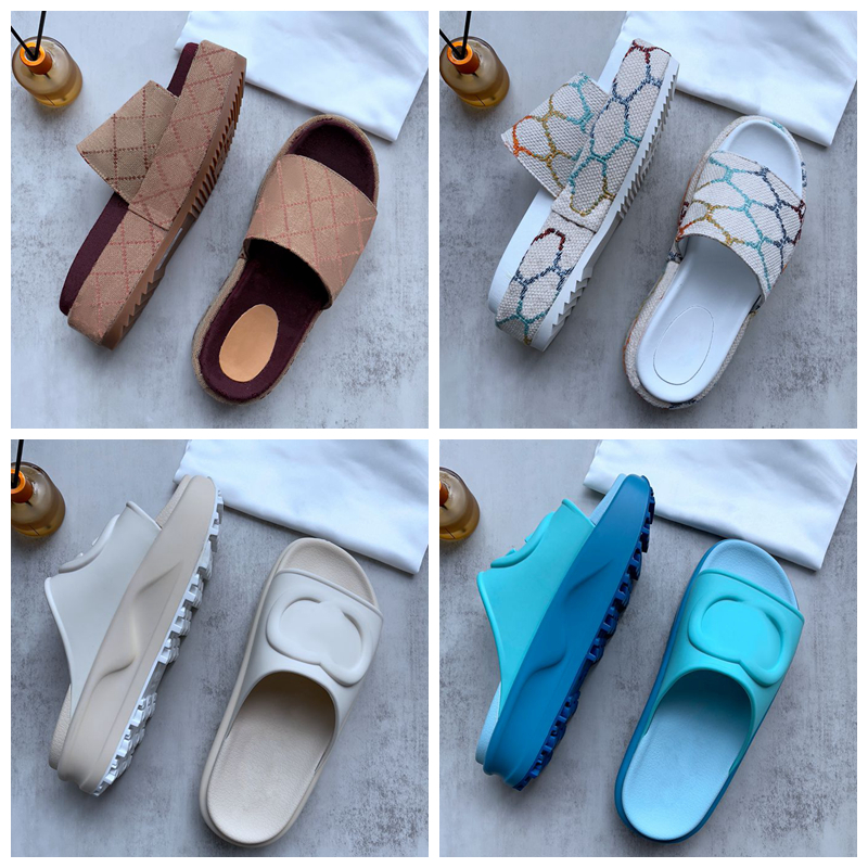 

Designer Slides Slippers Embroidered Canvas Platform Sandals Slip On Slipper Girls 60mm Canvas Covered Home Beach Thick bottom Slide Sliders Sandal