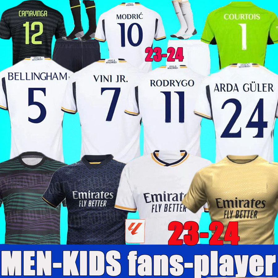 

23 24 soccer jerseys BELLINGHAM player version VINI JR CAMAVINGA TCHOUAMENI MODRIC RODRYGO REAL MADRIDS ARDA GULER football shirt camiseta men kids kit 2023 2024, 22/23 away kids