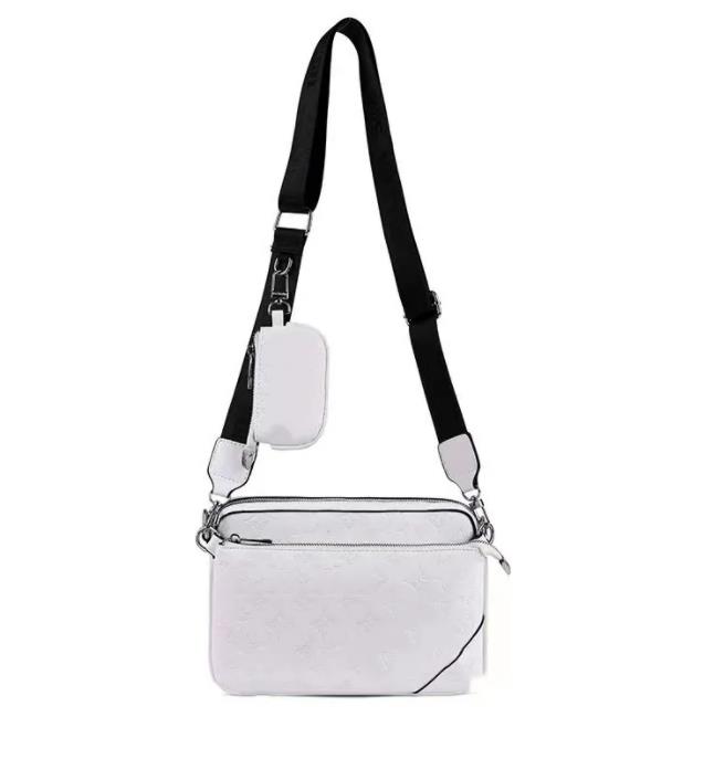 TRIO Sac messager de luxe pour hommes, sac à bandoulière femme, ensemble trois pièces élégant, cuir, avec portefeuille, pochette blanche