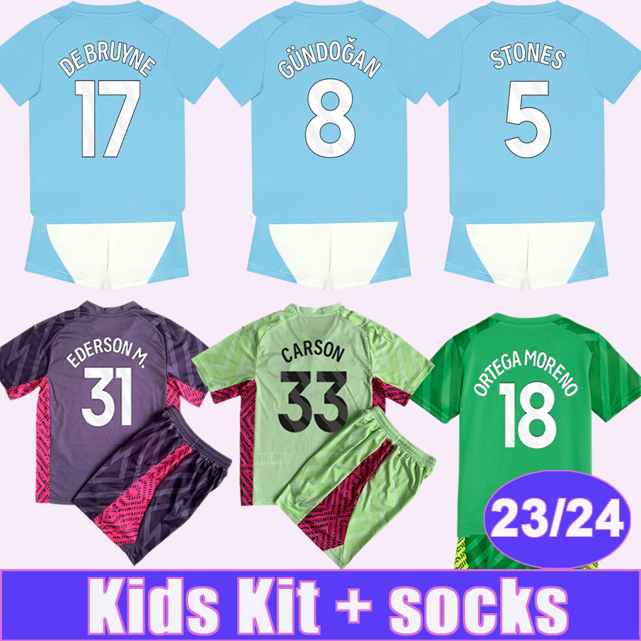 

23 24 DE BRUYNE GREALISH Kids Kit Soccer Jerseys BERNARDO GUNDOGAN JOAO CANCELO MAHREZ FODEN STONES Home Away Goalkeeper Football Shirts, Tz13717 23 24 home no socks