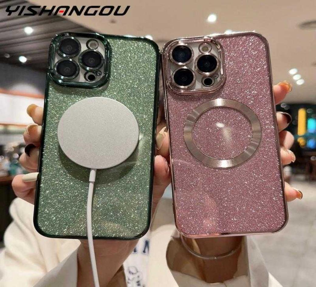 

Magnetic For Magsafe Wireless Charge Glitter Case For iPhone 14 13 12 Pro Max Camera Lens Film Protector Plating Silicone Cover8954674, Green