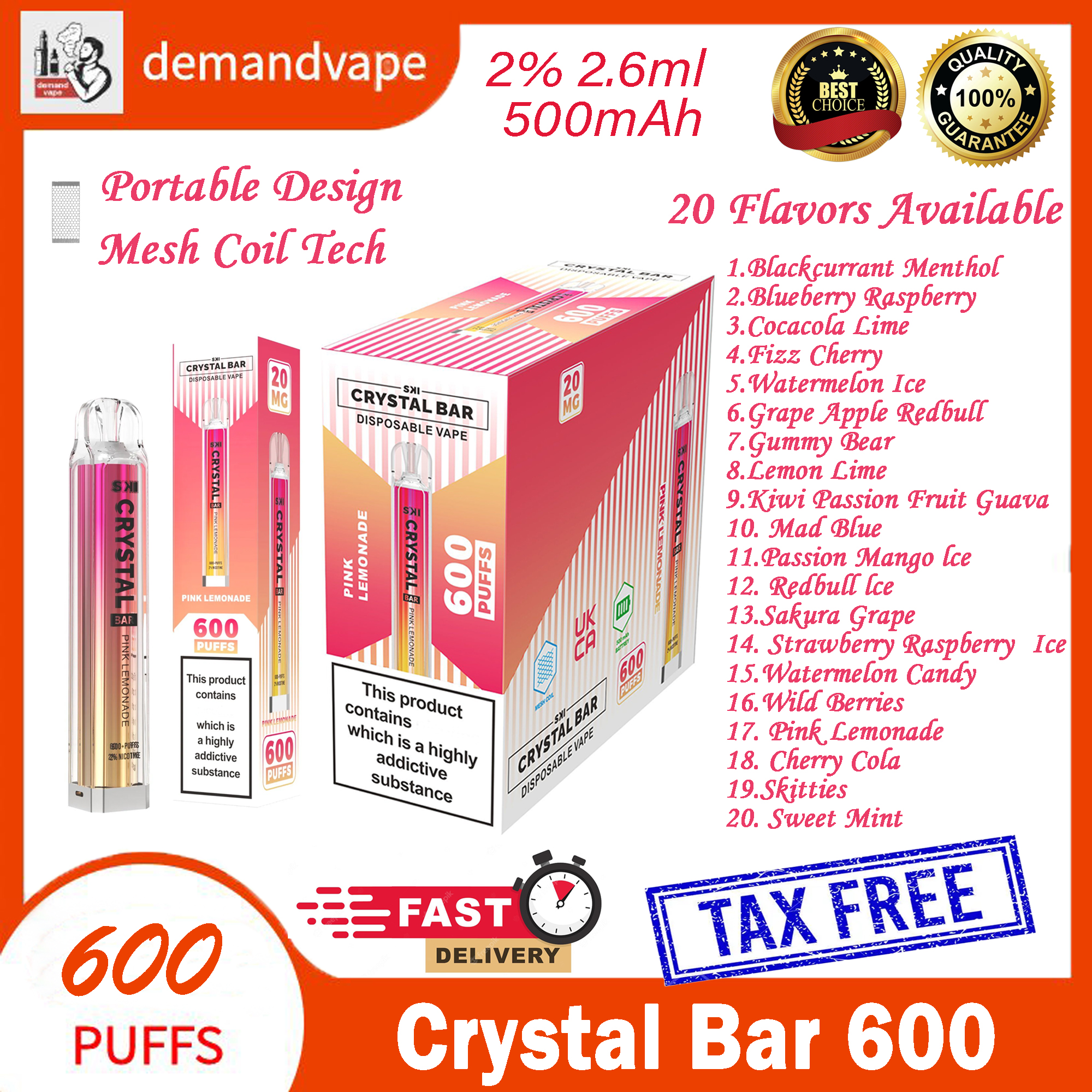 

Original SKI Crystal Bar 600 Puff E Cigarettes 20mg Disposable Vape Pen 500mAh Battery 20 Flavors 0% 2% 5% Capacity 2.6ml VS Sky Ske