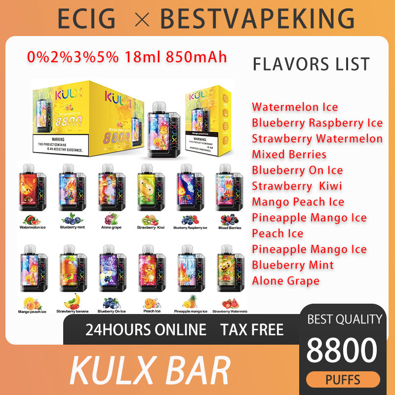 

Kulx Bar 8800 Puffs Disposable E Cigarette Vape Pen Mesh Coil 850mAh Rechargeable Battery 18ml Prefilled Pods 12 Flavors Available 0% 2% 3% 5% Strength VS Bang king 8000