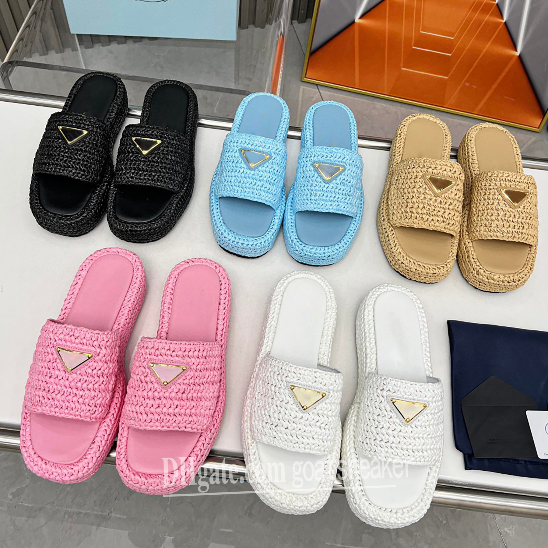 

Crochet flatform slides Women Ladies Platform Slippers Raffia Straw SandalS Triangle Buckle Mules Thick Bottom Heels Beige Classic Slip On Espadrilles Shoes