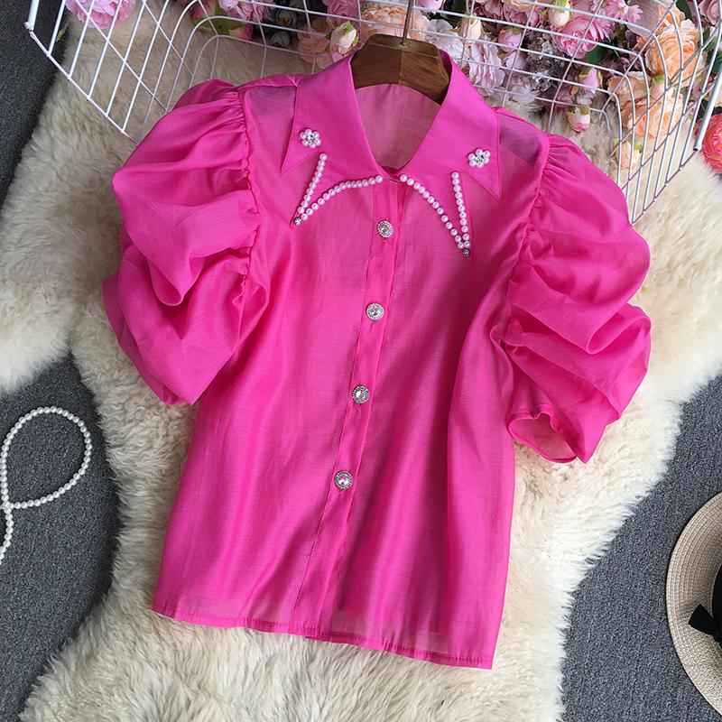 

Women's Blouses Korean Chic Blouse Turn-down Collar Shirts Women Shirt Beading Tops Female Casual Puff Sleeve Y2K Blusas Drop, Green