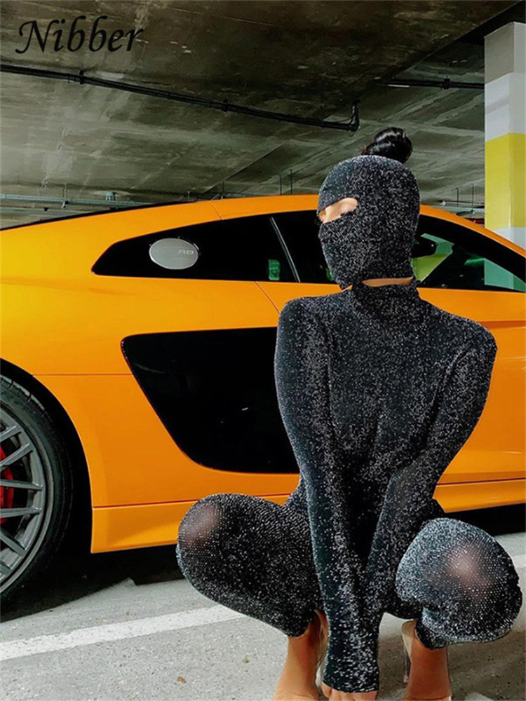 Women's Jumpsuits Rompers Nibber Glitter Silk Mask Playsuits 2 Two Pieces Jumpsuits For Womens Sexy Backless Club Party Wear Long Sleeve Outfit