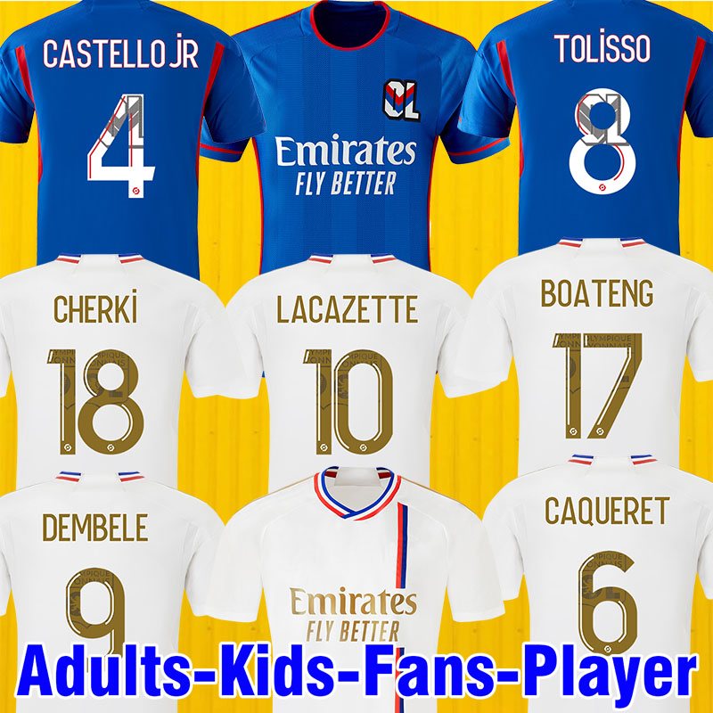 

23 24 lyon Soccer Jerseys Maillot de foot CAQUERET OL 2023 2024 home away blue football shirt BARCOLA CASTELLO JR CHERKI TAGLIAFICO TOLISSO man kids kit set equipment