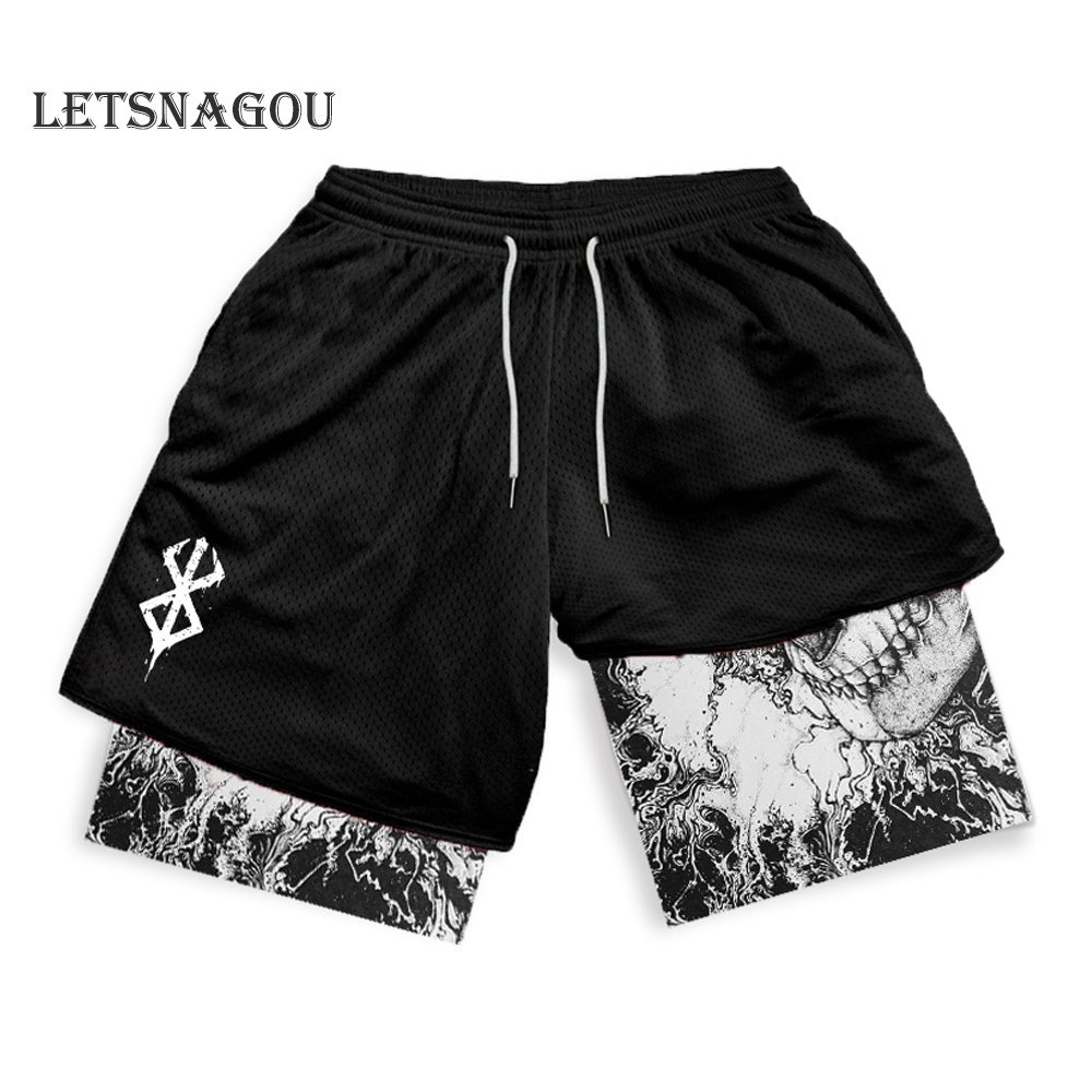 Men's Shorts Men's Anime Shorts Berserk Manga Print 2 in 1 Gym Shorts Compression Stretchy Sports Shorts Quick Dry Fitness Workout Summer