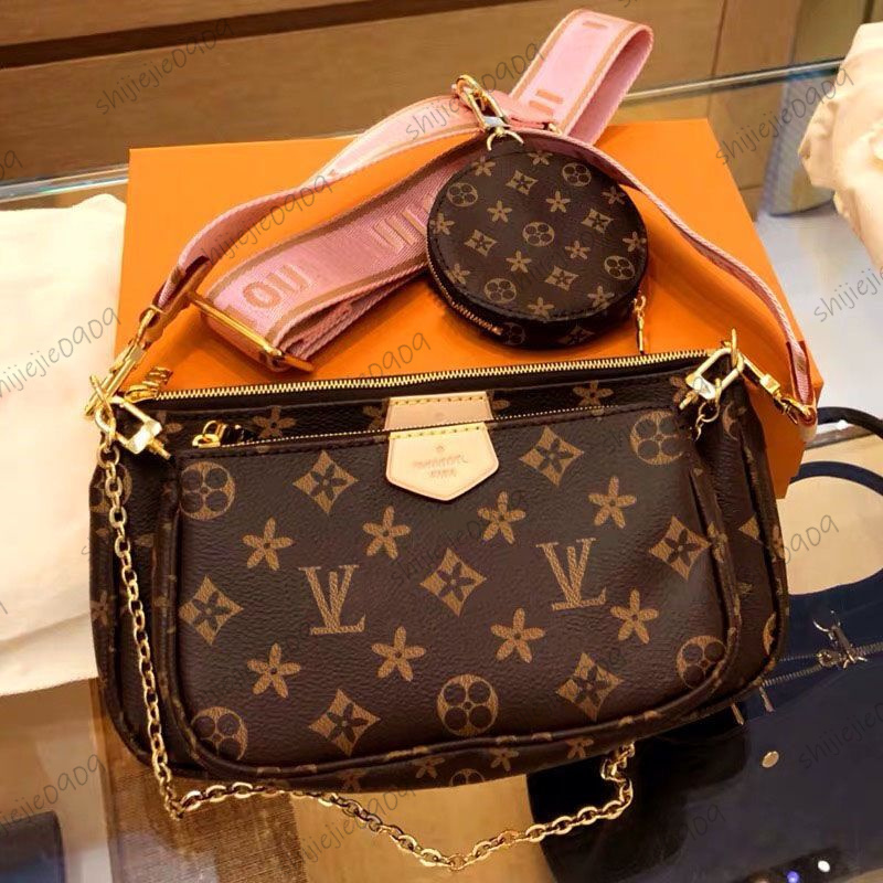 

3pcs set Pochette Felicie Bag Leather Women Luxury designer Shoulder handbag Clutch Tote Messenger Purse Crossbody Bag, Brown